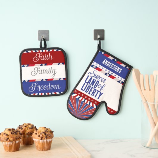 4. Juli Flag Amerika Land der Freiheit Ofenhandschuh & Topflappen-Set (Insitu (Hängend))