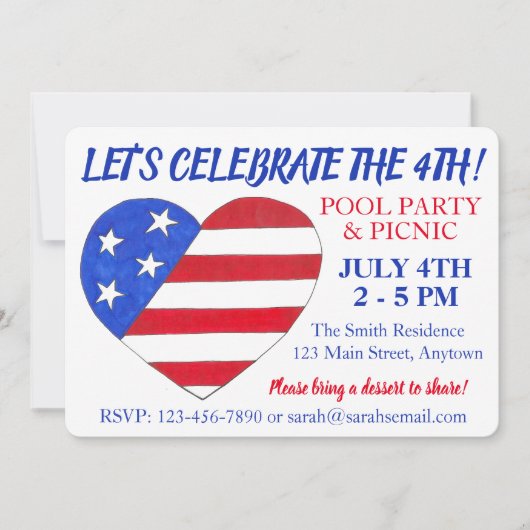 4. Juli Flag Herz Fireworks Patriotic USA Party Einladung (Vorderseite)