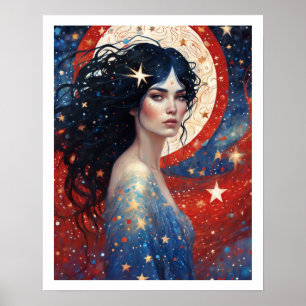 4. Juli Frau in Rotem Feuerwerk Art Deco Poster