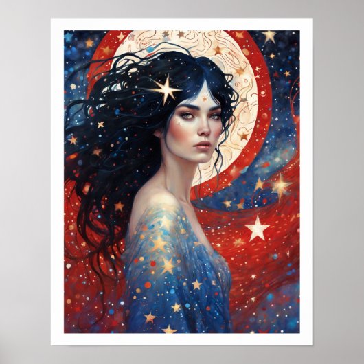 4. Juli Frau in Rotem Feuerwerk Art Deco Poster (Vorne)