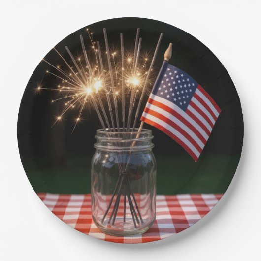 4. Juli-Funkenfeuer mit amerikanischer Flagge Pappteller (Vorderseite)