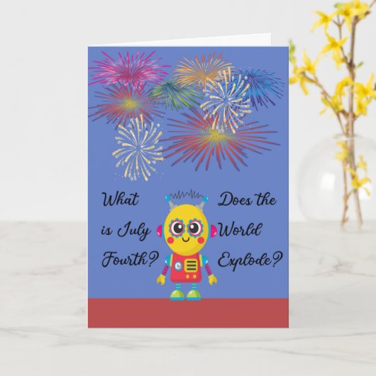 4. Juli für Kinder mit Robot & Fireworks Karte (Gelbe Blume)
