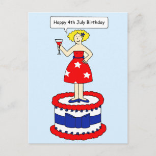 4. Juli Geburtstag Cartoon Lady auf einem Riesenku Postkarte