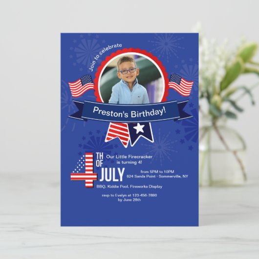 4. Juli Geburtstag Foto Einladung (Stehend Vorderseite)