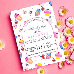 4. Juli Geburtstag  rosa Cupcake mit USA-Flagge Einladung