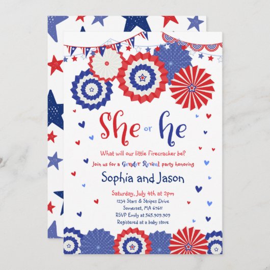 4. Juli Geschlecht decken Party Einladung auf (Vorne/Hinten)