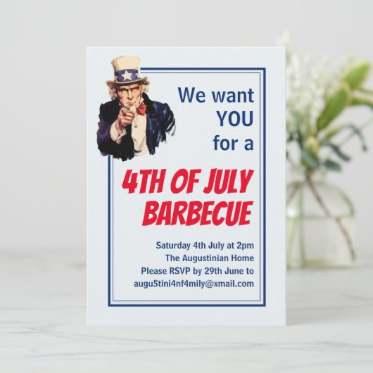 4. JULI GRILLEN BARBECUE Uncle Sam Customized Einladung (Stehend Vorderseite)