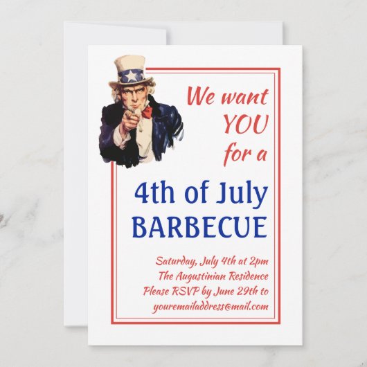 4. JULI GRILLEN BARBECUE UNcle Sam Customized RED Einladung (Vorderseite)