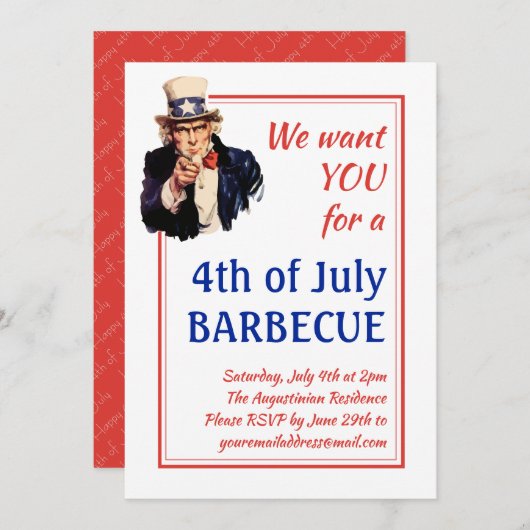 4. JULI GRILLEN BARBECUE UNcle Sam Customized RED Einladung (Vorne/Hinten)