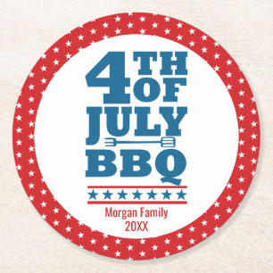 4. Juli GRILLEN Party Custom Familienname Runder Pappuntersetzer