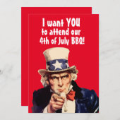 4. JULI GRILLEN PARTY UNCLE SAM PARTY EINLADUNGEN (Vorne/Hinten)