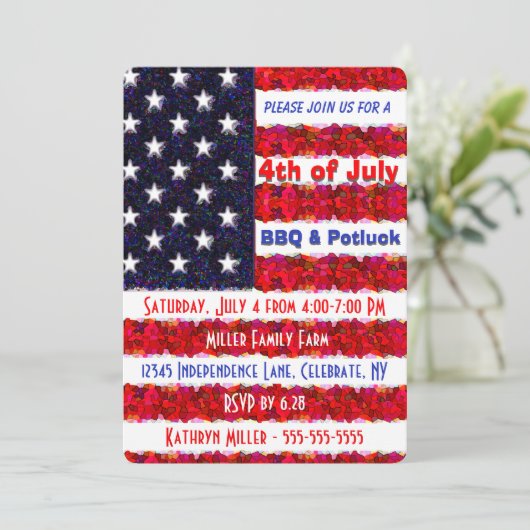 4. Juli GRILLEN & Potluck Einladung (Stehend Vorderseite)
