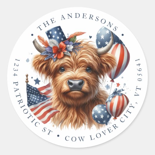 4. Juli Hochland Kuh Patriotische Rücksendeadresse Runder Aufkleber (Vorderseite)