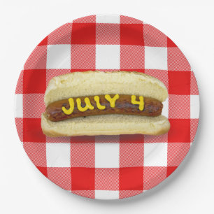 4. Juli Hot Dog auf Buffalo Kariert Pappteller