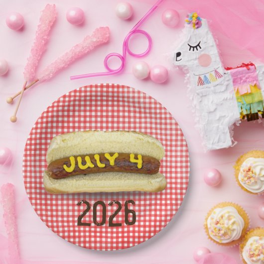 4. Juli Hot Dog auf Gingham Napkins Pappteller (Party)
