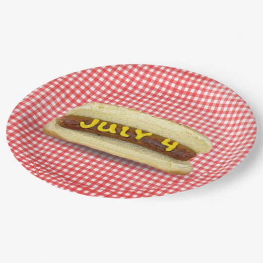 4. Juli Hot Dog auf Gingham Pappteller (Schrägansicht)