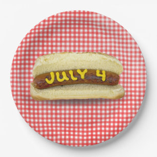 4. Juli Hot Dog auf Gingham Pappteller