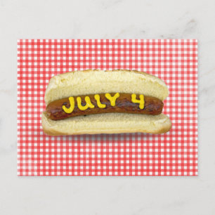 4. Juli Hot Dog auf Gingham Postkarte