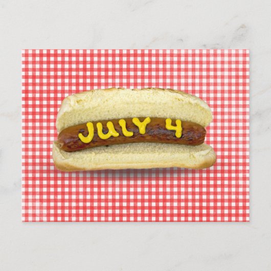 4. Juli Hot Dog auf Gingham Postkarte (Vorderseite)