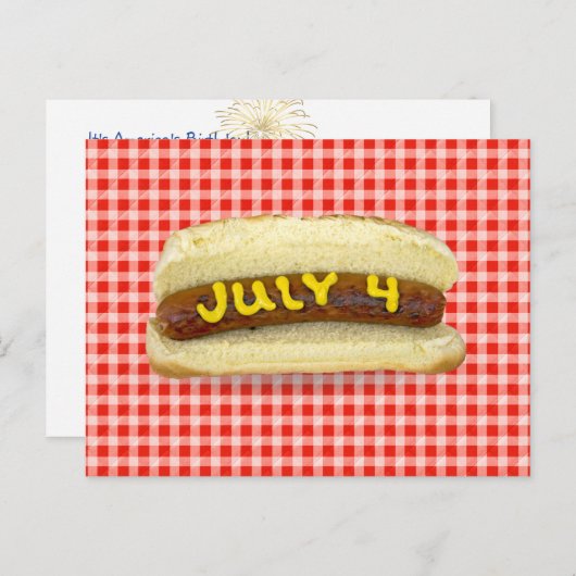 4. Juli Hot Dog auf Red Gingham Postkarte (Vorne/Hinten)