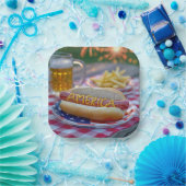 4. Juli Hot Dog mit Bier und Pommes Pappteller (Party)