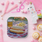 4. Juli Hot Dog mit Bier und Pommes Pappteller (Party)