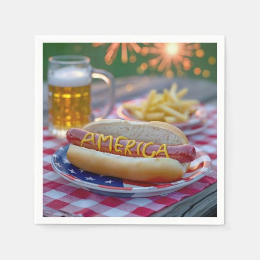 4. Juli Hot Dog mit Bier und Pommes Serviette (Vorderseite)