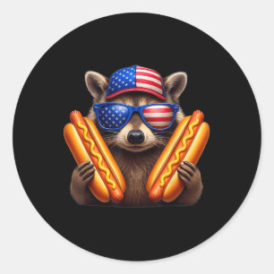 4. Juli Hotdog Funny Raccoon Patriotic Niedlich un Runder Aufkleber