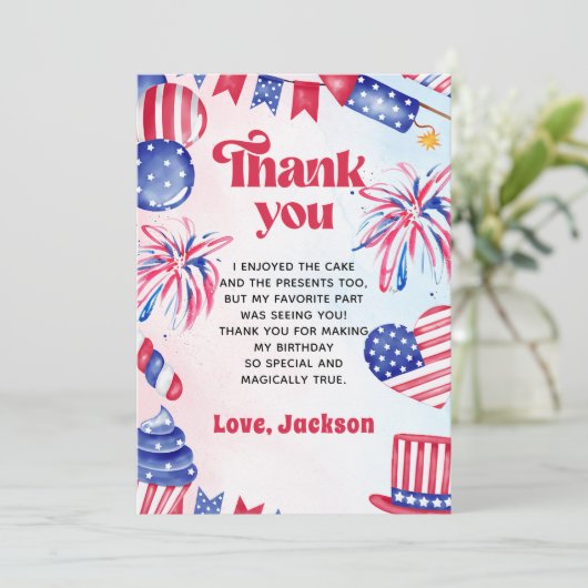 4. Juli Kleiner Firecracker Geburtstag Dankeskarte (Stehend Vorderseite)