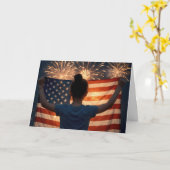 4. Juli Mädchen mit Flagge und Feuerwerk Karte (Gelbe Blume)