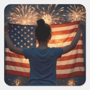 4. Juli Mädchen mit Flagge und Feuerwerk Quadratischer Aufkleber