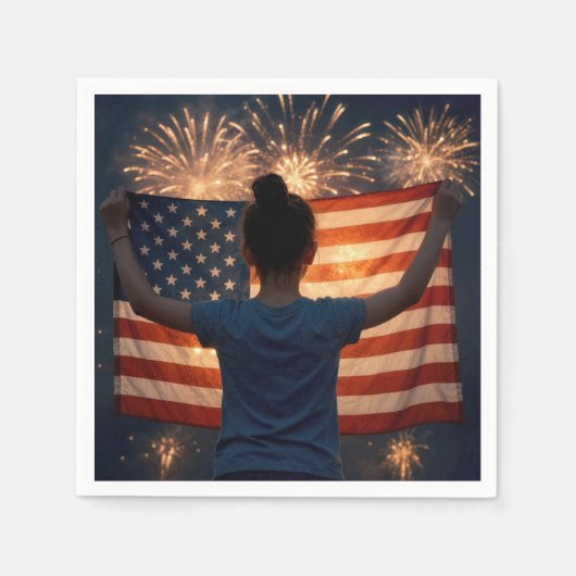 4. Juli Mädchen mit Flagge und Feuerwerk Serviette (Vorderseite)