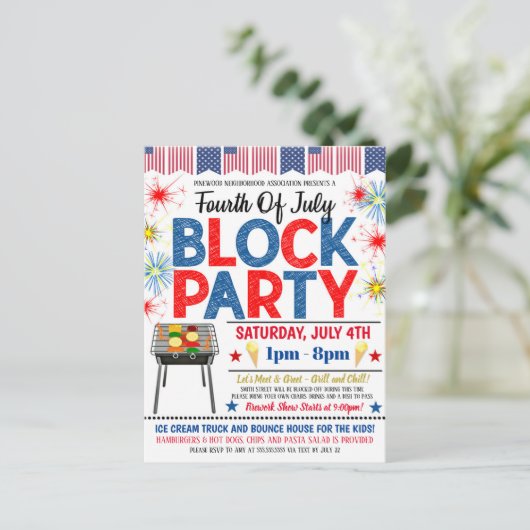 4. Juli Nachbarschaftsblock Party laden ein Postkarte (Stehend Vorderseite)