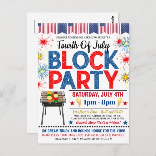 4. Juli Nachbarschaftsblock Party laden ein Postkarte (Vorne/Hinten)