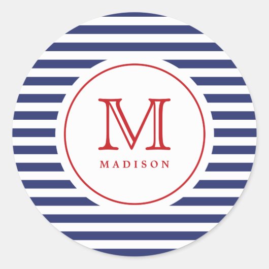 4. Juli Navy Stripes Monogramm Party Aufkleber (Vorderseite)