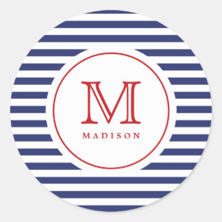 4. Juli Navy Stripes Monogramm Party Aufkleber