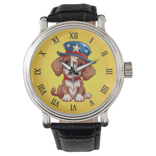 4. Juli Niedliche Welpe mit American Hat-71009 Armbanduhr