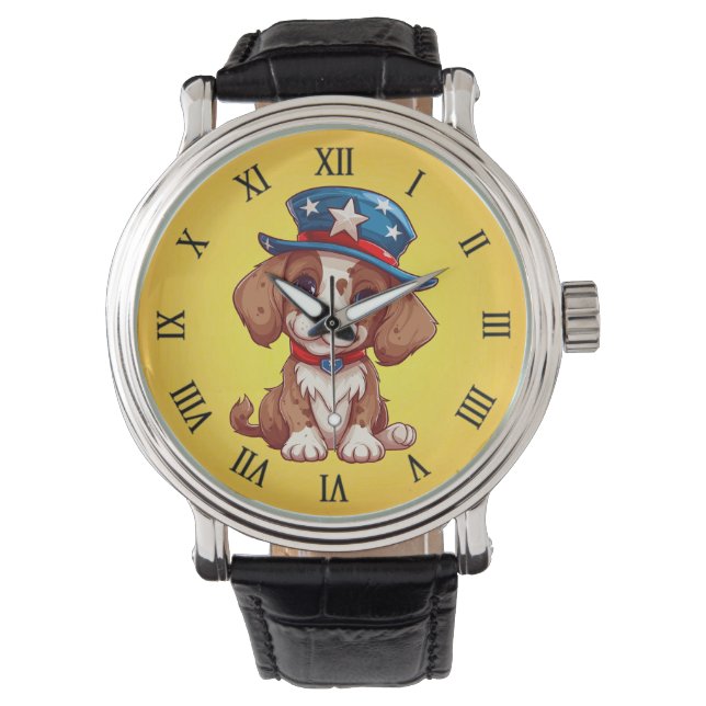 4. Juli Niedliche Welpe mit American Hat-71009 Armbanduhr (Vorderseite)