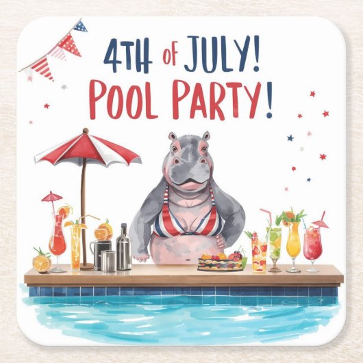 4. Juli Nilpferd Bikini in Poolparty Rechteckiger Pappuntersetzer (Vorderseite)