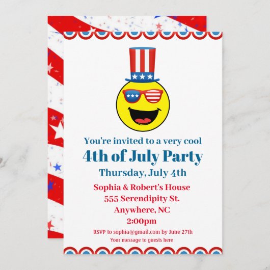 4. Juli Party Cool Patriotic Emoji Einladung (Vorne/Hinten)