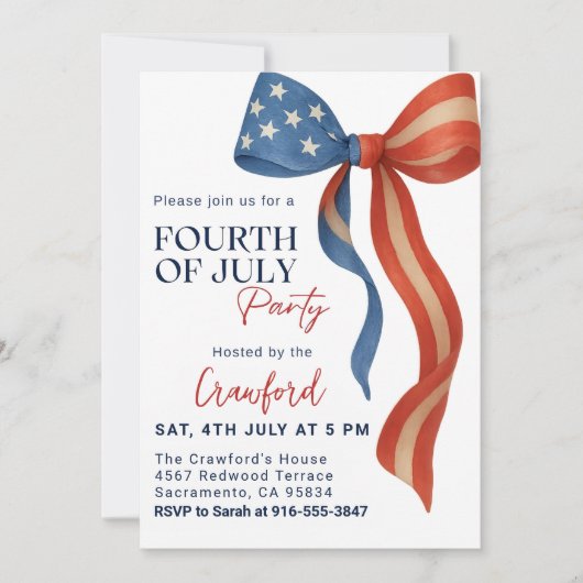 4. Juli Party Einladung, Red White Blue Bow Einladung (Vorderseite)