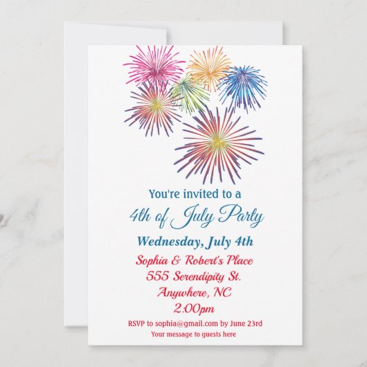 4. Juli Party Farbenfrohe Feuerwerke Einladung (Vorderseite)