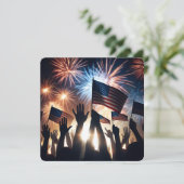 4. Juli Party mit Fahnen und Feuerwerken Einladung (Stehend Vorderseite)