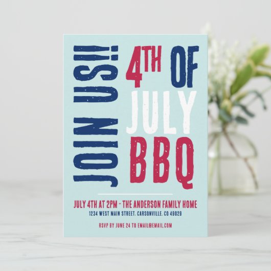 4. Juli Party Red White Blue Patriotic Einladung (Stehend Vorderseite)