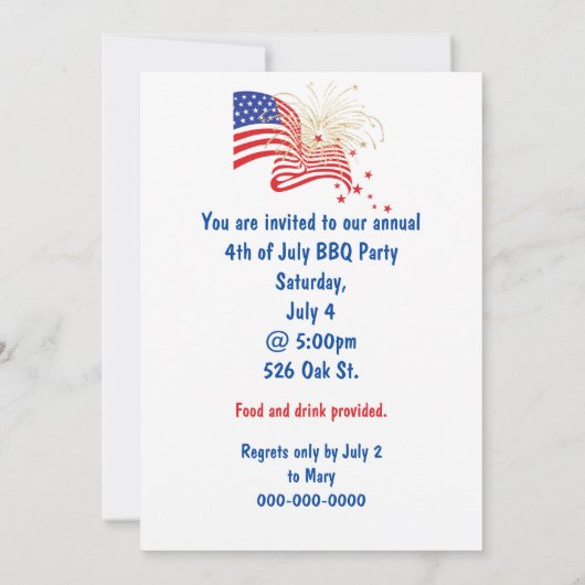 4. Juli Party Sparklers auf Flag Einladung (Rückseite)