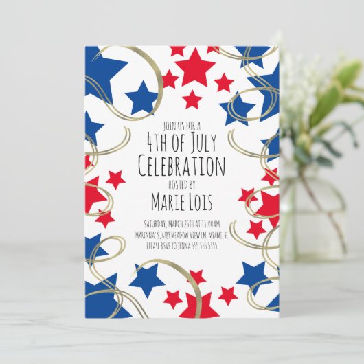 4. Juli Party Stars Imitate Gold Wirbel Einladung (Stehend Vorderseite)