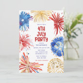 4. Juli Party, Wasserfarben Feuerwerk Einladung (Stehend Vorderseite)