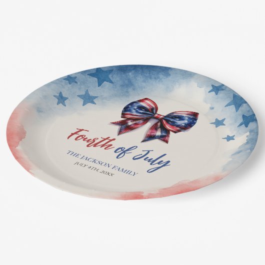 4. Juli Patriotic Bow GRILLEN Party Pappteller (Schrägansicht)
