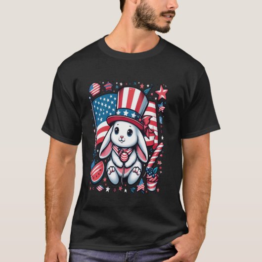 4. Juli Patriotic Bunny USA American Flag Rabb T-Shirt (Vorderseite)