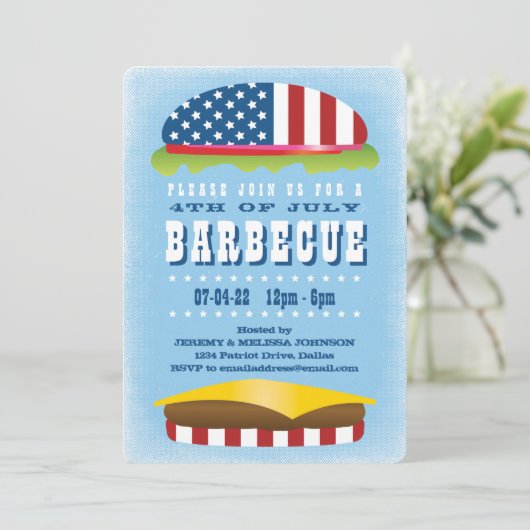 4. Juli Patriotic Burger Barbecue Einladung (Stehend Vorderseite)